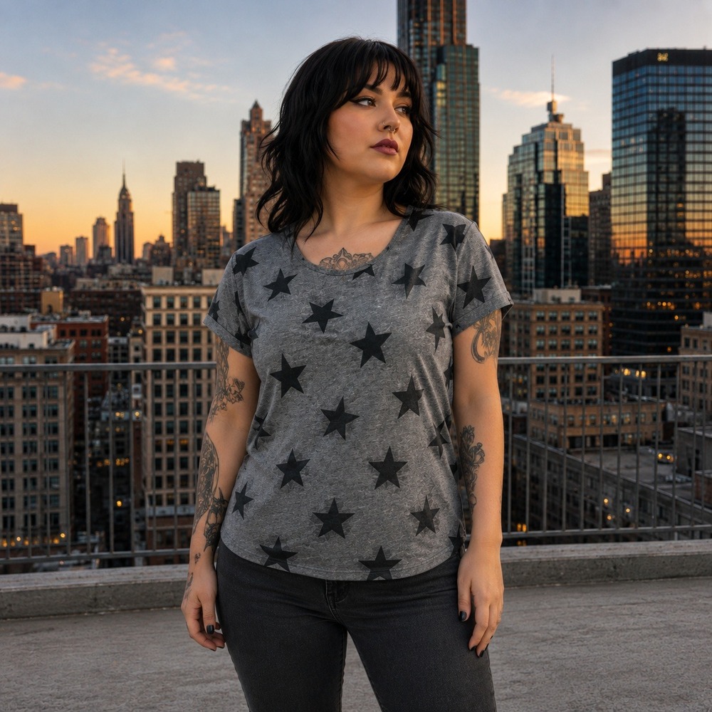 Y2K Alternative Apparel Womens Small Star Print Tee Heather Gray Short Sleeve